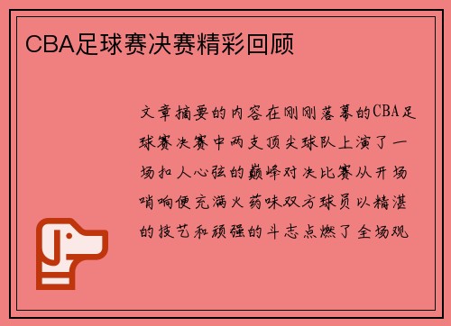 CBA足球赛决赛精彩回顾