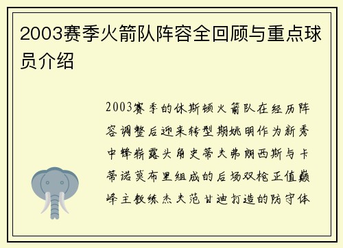 2003赛季火箭队阵容全回顾与重点球员介绍
